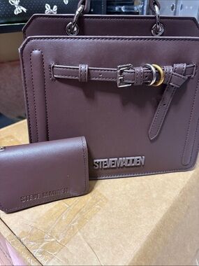 Steve Madden Brown Satchel with Belt-Detail and Card Wallet